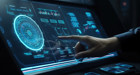 Man works with futuristic dashboard computer systemの素材