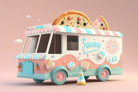Beautiful pizza food truck on flat background, soft pop styleの素材