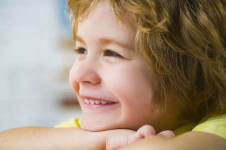 European little school-age boy with brown eyes looking directly at the camera, close-up.の写真素材