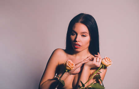 Portrait of beautiful sexy girl with fresh skin. Skin care. Cleansing and moisturizing concept.の写真素材