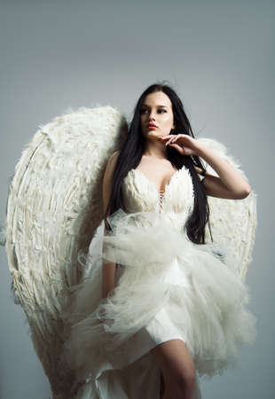 Beautiful sexy brunette model with a perfect body and angel wings a grey background and looks to the side sensually.の写真素材