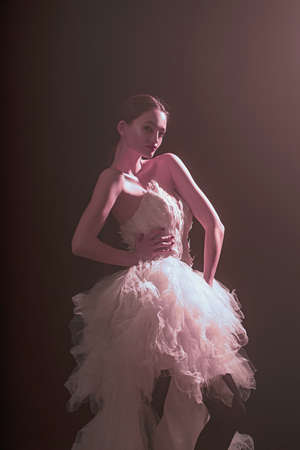 Glamour beautiful lady. Party fashion hairstyle. Woman in white dress.の写真素材