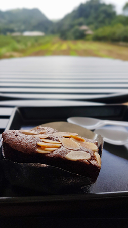 Brownie decorated with almond slides in the Floyd cup With a plastic spoon Is placed on a black plastic tray Served on a wooden table,
Beautiful natural mountain backgroundの写真素材