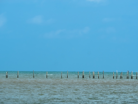 Many wooden poles that were embroidered in the sea on blue sky backgroundの写真素材