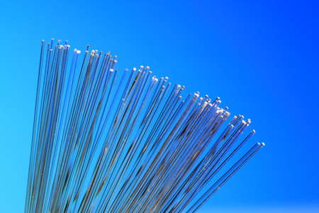 Glowing fiber optics on plain blue background.の写真素材