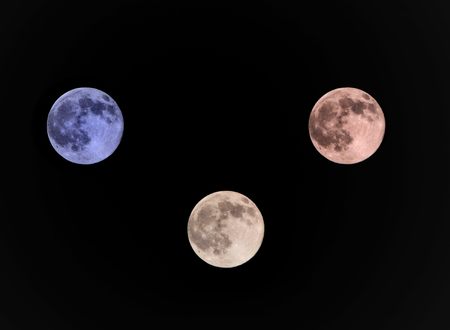 Moon in different colors, blue red whiteの写真素材