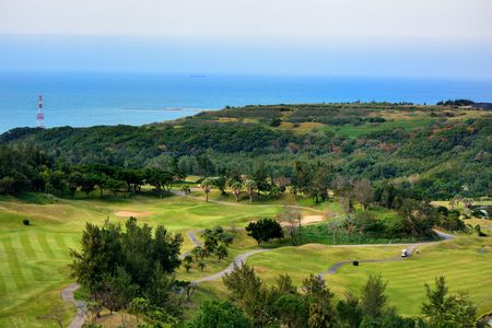 Golf course view, sunsetの写真素材