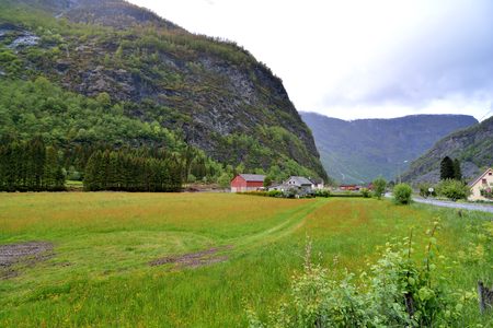 View of the The flom, Norwegian-Travel live in a log cabin in Norway Flom village Photo taken on:. June 7 & 8, 2015のeditorial素材
