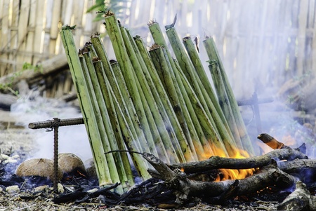 glutinous rice roasted in bamboo dessert kind joints of a Thaiの写真素材