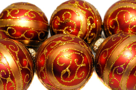 Composition of red Christmas balls with golden patternの写真素材