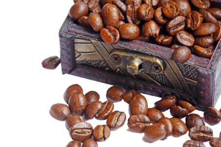 Vintage wooden box with coffee beans close up isolatedの写真素材