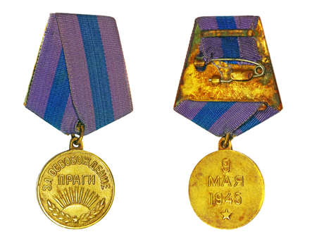 Medal "For the Liberation of Prague" (with the reverse side) on a white backgroundのeditorial素材