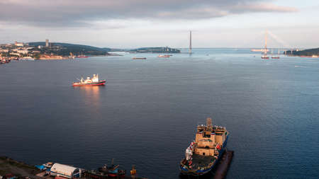 Ð¡able-stayed Russky bridge, in Vladivostok, east coast, Russia, Sea of Japan