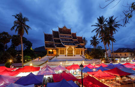 Wat Xieng Thong temple and night market in Luang Prabang, Laosの写真素材
