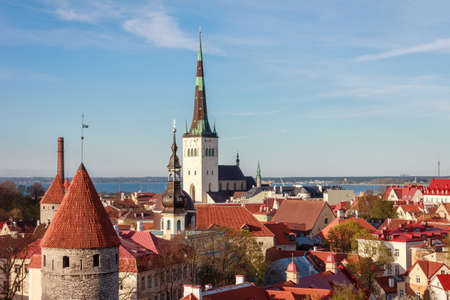 Tallinn old town cityscape, Estonia, aerial, St Olaf churchの写真素材
