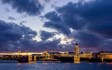 Kunstkamera and Palace bridge during dramatic sunset, Saint-Petersburg, Russiaのeditorial素材