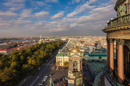 Unique panoramic view from St Isaac cathedral, Saint-Petersburg, Russia, autumn sunset at admiralteisky prospectのeditorial素材