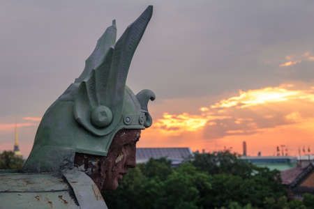 Historical sculpture in downtown Saint-Petersburg, Russia, sunset background, Kazan squareのeditorial素材