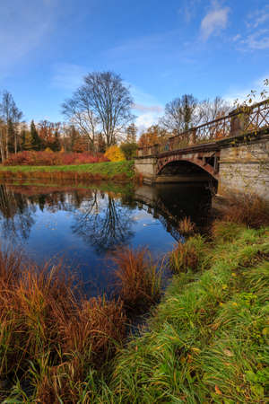 The Alexander Park during golden autumn, Pushkin city, Saint-Petersburg, Russia, orange leafs, historical bridgeの写真素材