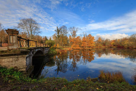 The Alexander Park during golden autumn, Pushkin city, Saint-Petersburg, Russia, orange leafs, historical bridgeの写真素材