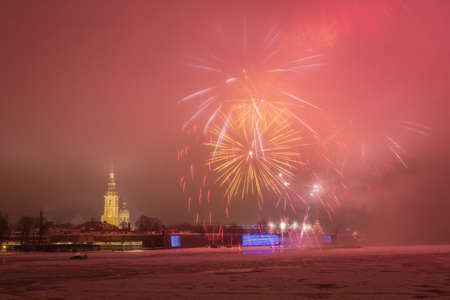 New Year celebration firework in front of Peter and Paul fortress in Saint-Petersburg, Russia, winter Neva riverのeditorial素材
