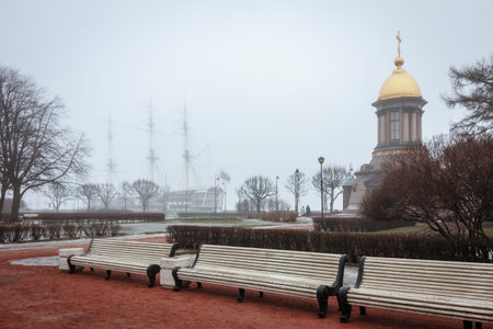 Foggy winter morning in Saint-Petersburg, Russia, Church-chapel of the Holy Trinity