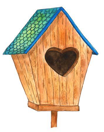 Watercolor illustration of a wooden welder with a blue roof on a white backgroundの写真素材