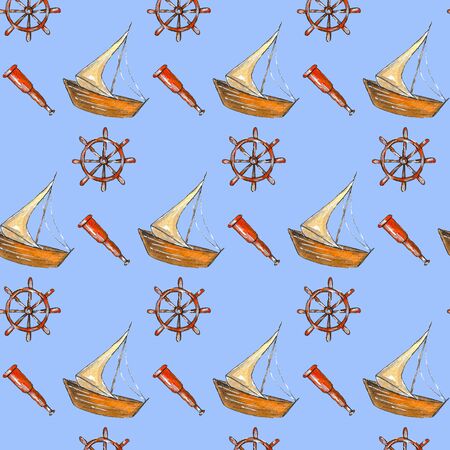 Seamless watercolor pattern on the theme of the sea, consisting of scrolls of maps, a telescope and a ship's rudder. It can be used for printing on fabric or paper, on a blue background.の写真素材