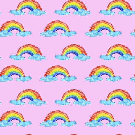 Seamless pattern of multicolored rainbows in blue clouds on a pink background, painted in watercolor.の写真素材