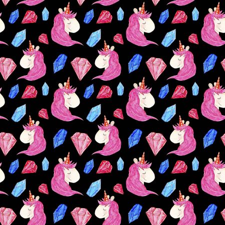 Seamless pattern of a magic unicorn with multicolored crystals on a black background, drawn in watercolor.の写真素材