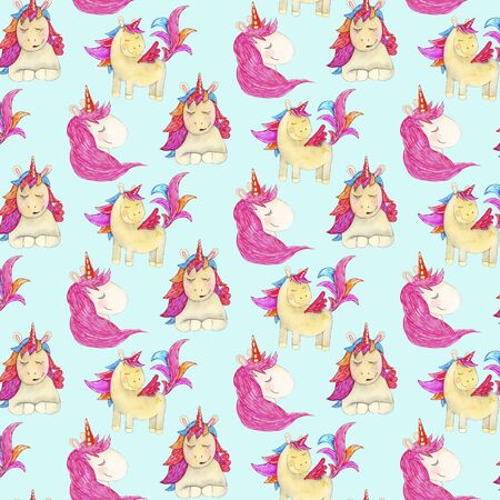 A seamless pattern consisting of three different magic unicorns on a light blue background is drawn in watercolorの写真素材