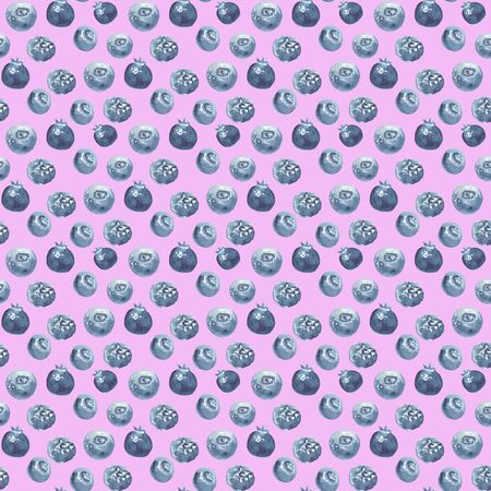 Seamless pattern of ripe blueberries on a pink background, painted in watercolorの写真素材