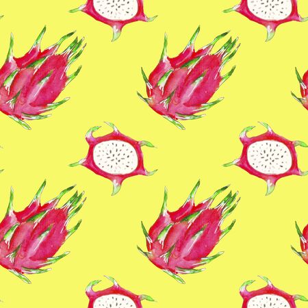 Seamless pattern of ripe dragon fruit on a yellow background, painted in watercolorの写真素材