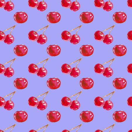 Seamless pattern of ripe cherry berries on a light blue background, painted in watercolorの写真素材