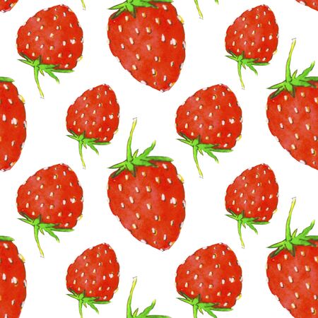 Seamless pattern of ripe strawberries on white, drawn in watercolorの写真素材