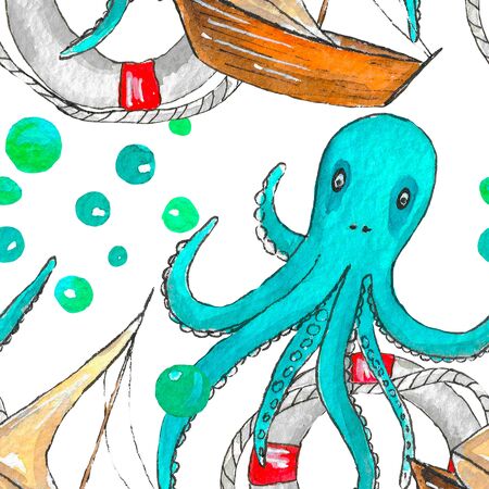 Seamless watercolor pattern on the theme of the sea, consisting of a lifebuoy, a yacht and an octopus, on a white background.の写真素材
