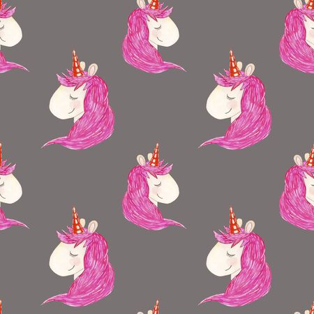 Seamless pattern of a magic unicorn with a pink mane on a gray background, drawn in watercolor.の写真素材