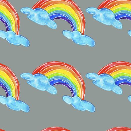 Seamless pattern of multicolored rainbows in blue clouds on a gray background, drawn in watercolor.の写真素材