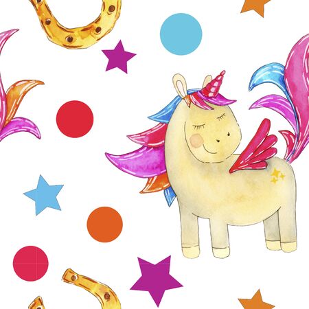 The watercolor drawing is a seamless pattern consisting of a magic unicorn with a horseshoe on a white backgroundの写真素材