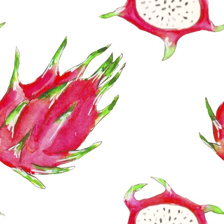 Seamless pattern of ripe dragon fruit on a white background, painted in watercolor.の写真素材