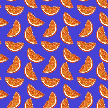 Seamless pattern of ripe orange slices on a blue background, painted in watercolor.