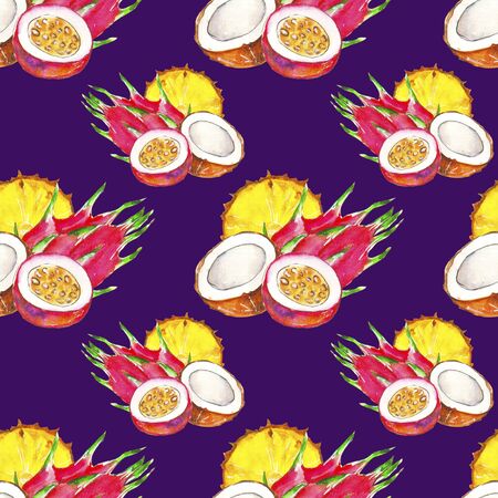 Seamless pattern of tropical fruits on a purple background, painted in watercolor.