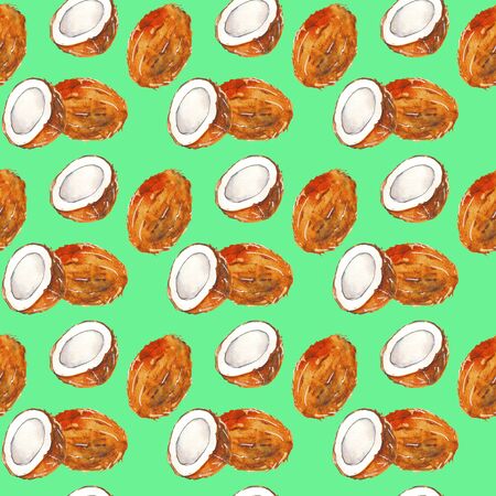 Seamless pattern of ripe coconuts on a light green background, painted in watercolor.の写真素材