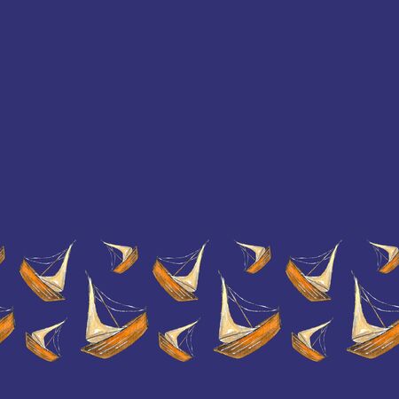 Seamless watercolor border on the theme of the sea, consisting of yachts, ships on a blue background.の写真素材