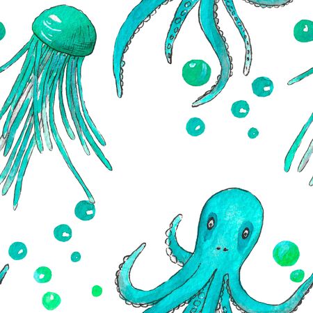 Watercolor illustration. seamless pattern with marine life. jellyfish, octopuses, air bubbles. It can be used for printing on fabric or packaging paper. On white background.の写真素材