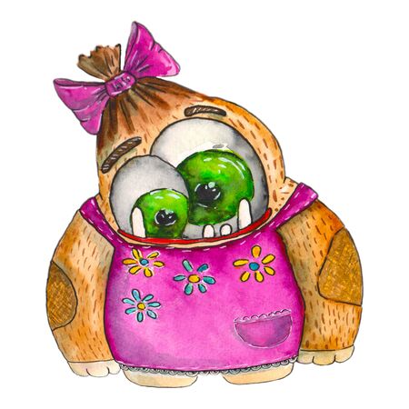 Watercolor illustration. Cute kind monster hand-drawn on a white background.の写真素材