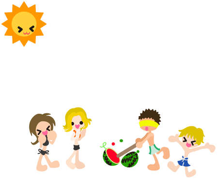 Boys and girls are playing  watermelon splitting game   A boy succeeds crushing a watermelon のイラスト素材