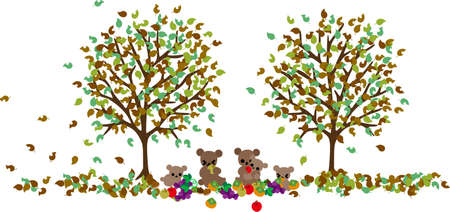 A bear family is filling their mouth with autumn fruits in the forest for preparation for hibernation のイラスト素材