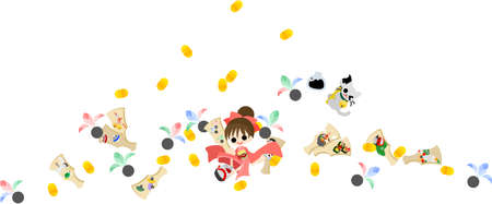 A beckoning cat having a lot of oval gold coins and the girl with many feathers and battledores  Let s make battledore and shuttlecock together のイラスト素材