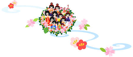 Japanese celebrate the Girls  Festival on March 3  It s the day to pray for growth and happiness for girls  People threw paper dolls into rivers and in the sea to drive away evil spirits with them のイラスト素材